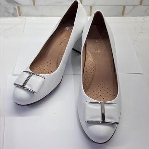 White stacked heel shoes